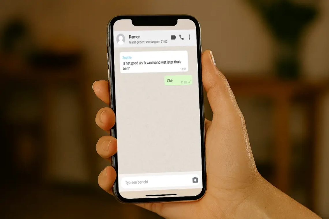 Vrouwelijke hand houdt smartphone vast waarop een WhatsApp-gesprek te zien is met het bericht “Is het goed als ik vanavond wat later thuis ben?” gevolgd door “Oké”